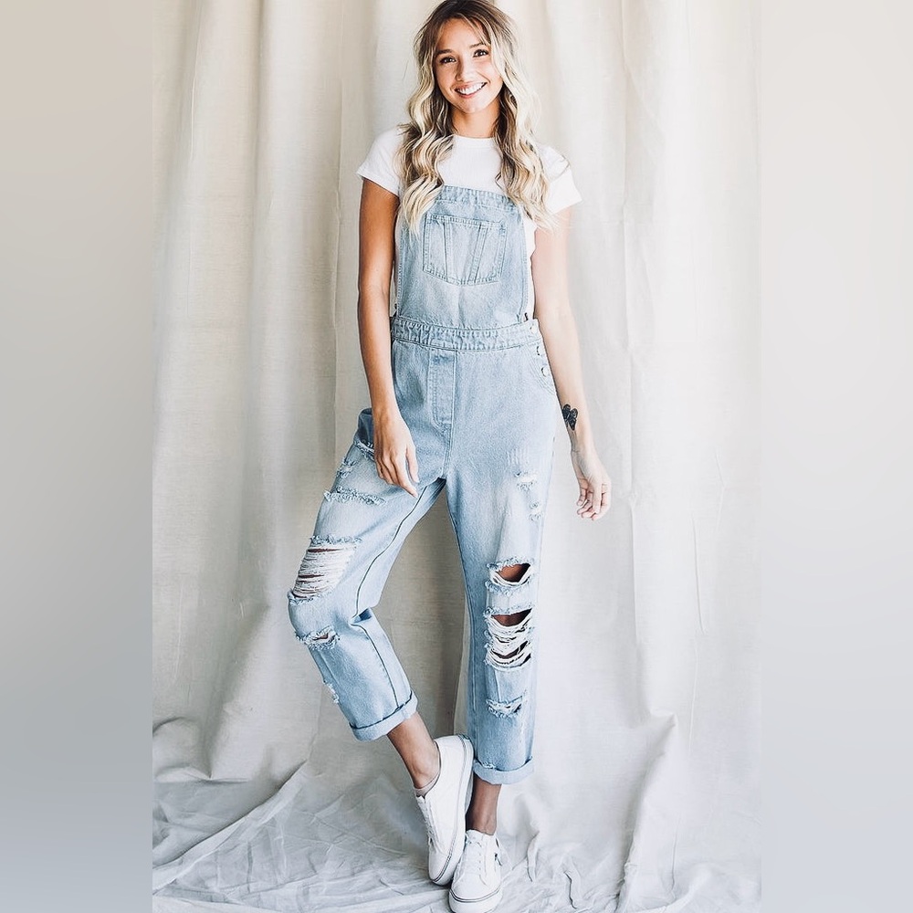 Light Blue Distressed Denim Overalls Jeans Farm Classic Straight Leg Spring